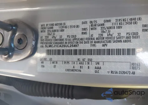 2025 Lincoln Corsair Premiere из США, поврежденный, VIN 5LMCJ1CA2SUL25497